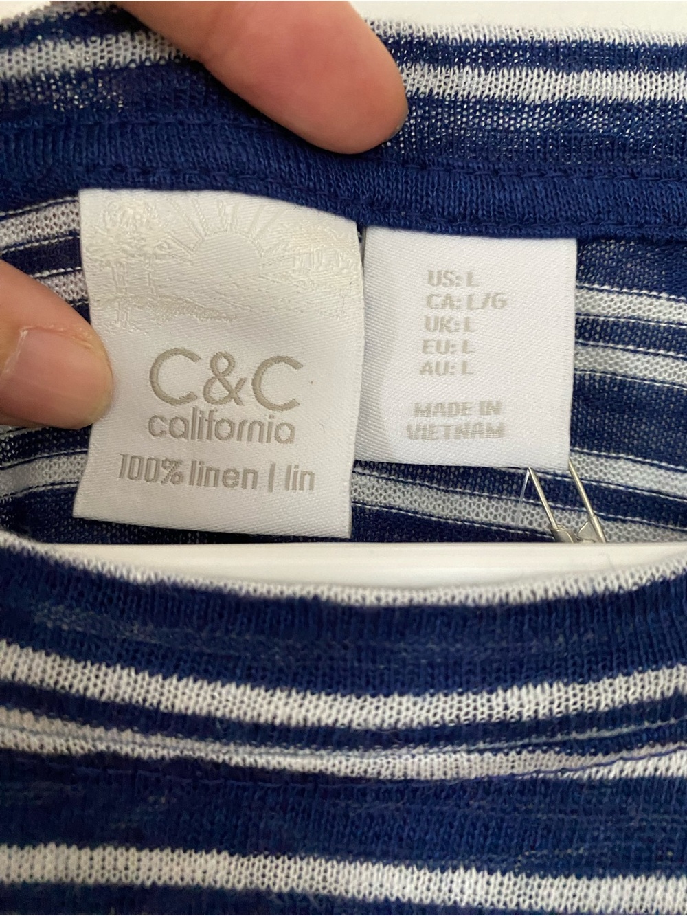 C&C California 100% Linen Striped Tee Navy White Size L – European Flax - Picture 5 of 5